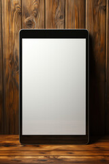 Digital tablet device on wooden table on wooden background