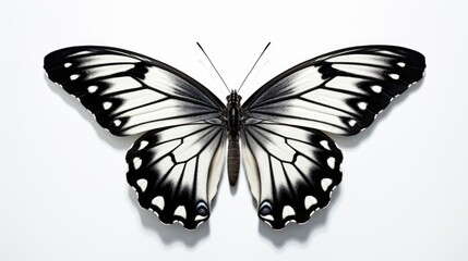 Fototapeta na wymiar a black and white butterfly sitting on top of a white wall next to a white wall with a black and white butterfly on it's wings. generative ai