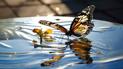 Fototapeta na wymiar a close up of a butterfly on the surface of a body of water with a flower in the foreground. generative ai