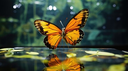 Fototapeta na wymiar a butterfly sitting on top of a table next to a leaf filled pool of water with lily pads in the foreground. generative ai