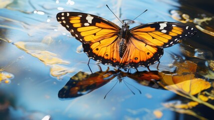  a close up of a butterfly on a body of water with lily pads in the foreground and a blue sky in the background.  generative ai
