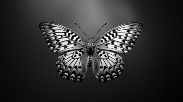  a black and white photo of a butterfly on a dark background with light coming from the top of the wings.  generative ai