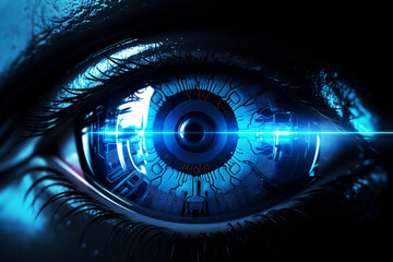 Abstract background of technology. Concept of futuristic eye, eye scan, eyeball, identification, security identification, identity verification, retinal recognition, digital, future, innovation.