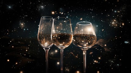 three glasses of wine sitting next to each other in front of a dark background with stars in the night sky.  generative ai