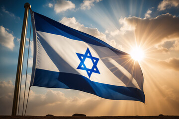 Israel flag waving in the wind against a beautiful sunset or sunrise sky
