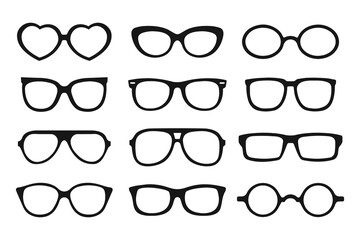 Collection of trendy hipster sunglasses. Fashion sunglasses, black silhouettes, summer accessory. Icons, stickers, vector