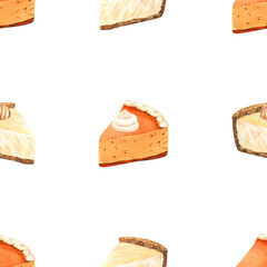 Watercolor pumpkin slice pie, orange seamless pattern, traditional dessert for Thanksgiving dinner. Hand-drawn illustration isolated on white background. Perfect for menu, cooking, packing, card
