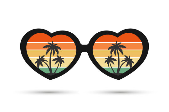 Sunglasses with reflection Seascape with palm trees. Summer illustration, icon, vector