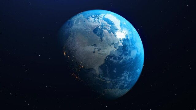 Planet earth in space rotating slow and calm with view of both day and night. 3d render animation
