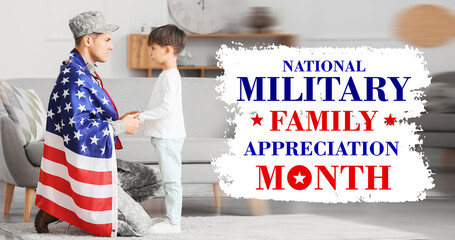 Soldier and his little son with USA flag at home. National Military Family Appreciation Month - November