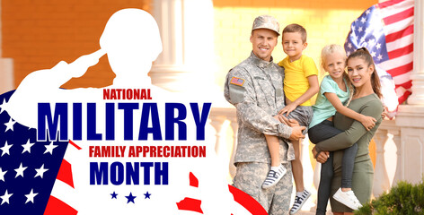 Happy soldier with his family outdoors. National Military Family Appreciation Month - November