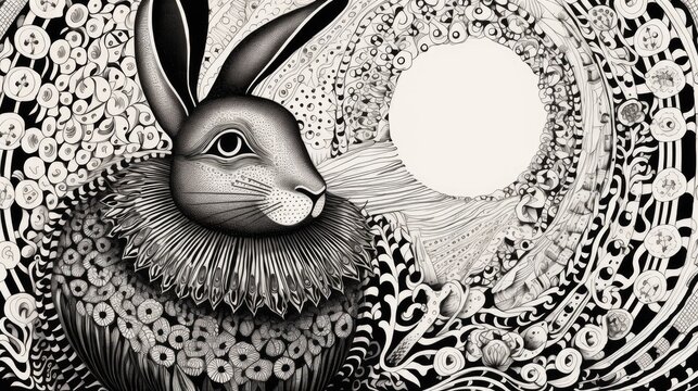  a black and white drawing of a rabbit sitting in front of a circular object with a hole in the middle.  generative ai