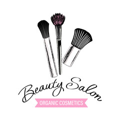 Beauty salon logo. Cosmetic items, mascara, cosmetic brushes and lettering. Hand drawn illustration, icon, vector