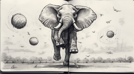  a drawing of an elephant standing in front of a sky full of planets and a sky full of stars and birds.  generative ai