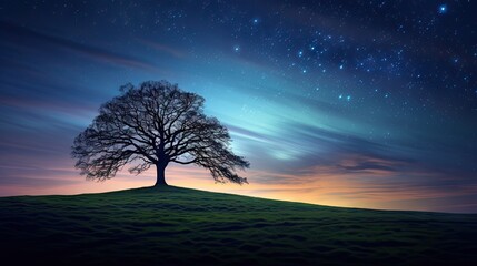 Fototapeta na wymiar a lone tree sitting on top of a hill under a night sky filled with stars and a star filled sky. generative ai