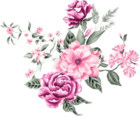 Rolgordijnen Watercolor Bouquet of flowers, isolated, white background, pink roses and green leaves © Leticia Back