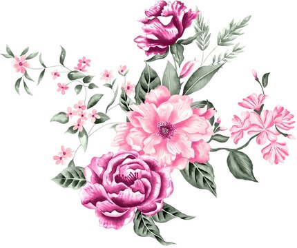 Watercolor Bouquet of flowers, isolated, white background, pink roses and green leaves