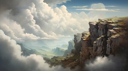  a painting of a mountain with a cliff in the foreground and a body of water on the other side of the cliff.  generative ai