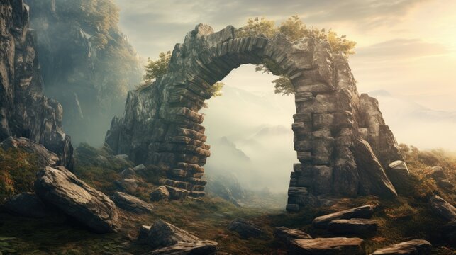  a painting of a stone arch in the middle of a rocky area with a foggy sky in the background.  generative ai