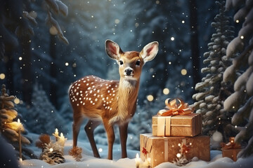 A fawn stands in a snowy forest among fir trees and boxes with gifts in colored paper. New Year greeting card