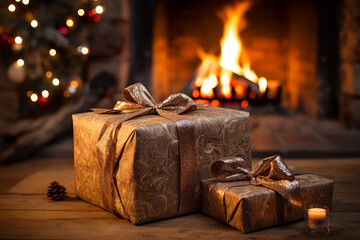 A set of gifts is positioned close-up against a background of a fireplace and Christmas decorations. Square boxes are wrapped in golden paper and tied with ribbons