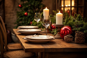 Holiday Table Servers. Photo from the side of the arrangement of plates, mugs, glasses. New Year's Eve, Christmas dinner