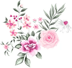Tuinposter Watercolor Bouquet of flowers, isolated, white background, pink roses and green leaves © Leticia Back