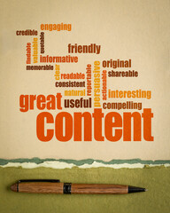 business writing and content marketing concept - great content word cloud on art paper, vertical poster