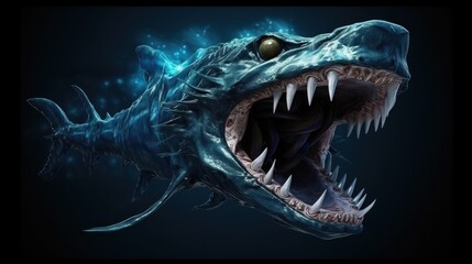 Sea monster open its mouth with teeth, fantasy underwater creature