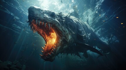 Sea monster open its mouth with teeth, fantasy underwater creature