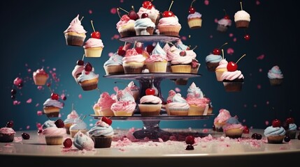  a tower of cupcakes with cherries and sprinkles on a table with a blue background.  generative ai
