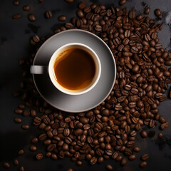Cup of coffee on black table and coffee beans scattered chaotically around. Coffee cup and coffee beans on black background. Top view. Morning boost of energy.