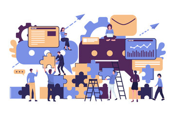 people connecting a puzzle, teamwork symbol, coopertive, partnership, join a team. vector flat illustration