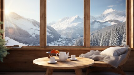  a table with a cup of coffee and a bowl of fruit on it in front of a window overlooking a snowy mountain range.  generative ai