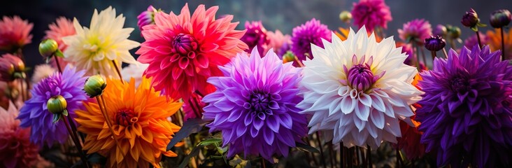 Obraz premium A Captivating Display of Colorful Dahlia Mix Blooms Adorned with Rain Drops in the Tranquil Setting of a Rustic Garden against the Enchanting Sunset Background, Mix blooms with rain drops, in rustic g