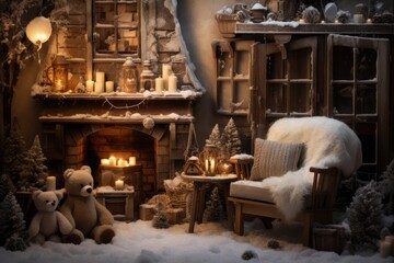 Enchanting vintage room with Christmas tree and teddy bears
