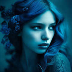blue color, beautiful girl with blue hair decorated with blue flowers on a blue background 