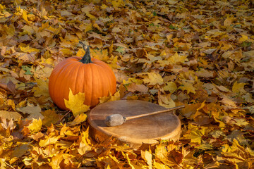 native American style drum with pumpkin on a backyard lawn covered by golden maple leaves, fall...