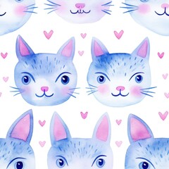 Cute little kittens  blue seamless pattern in watercolor style
