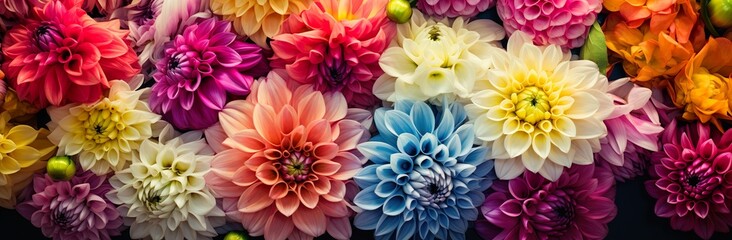A Captivating Display of Colorful Dahlia Mix Blooms Adorned with Rain Drops in the Tranquil Setting of a Rustic Garden against the Enchanting Sunset Background, Mix blooms with rain drops, in rustic g