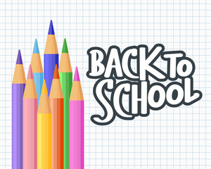 Back to school, lettering with colored pencils on a checkered page of a school notebook. Calligraphic handwritten inscription, quote. Children's print, vector