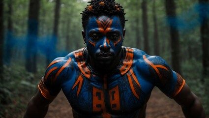 Portrait of a man with tribal face paint, indigenous tribe man, traditional painted faces, vibrant face paint, Afrofuturism style.