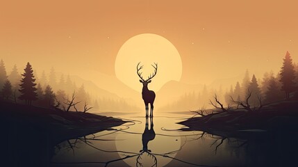  a deer is standing in the middle of a lake at sunset with the sun in the background and trees in the foreground.  generative ai