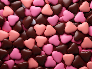 Valentine's Day background with heart shaped chocolate candies.
