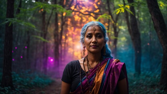 Old Indian woman standing in the middle of a forest, psytrance artwork.