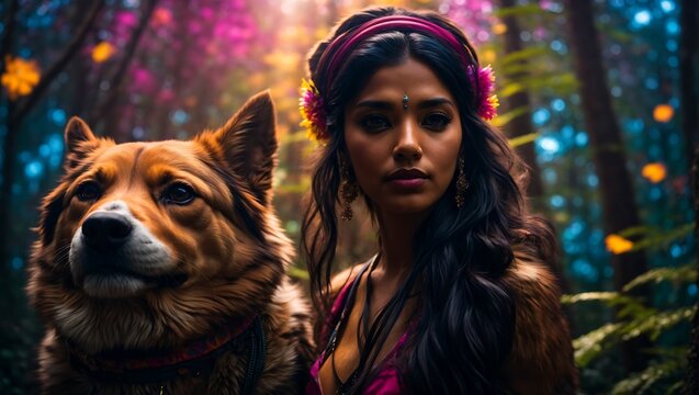 Beautiful Indian woman with dog in the middle of a forest, psytrance artwork.