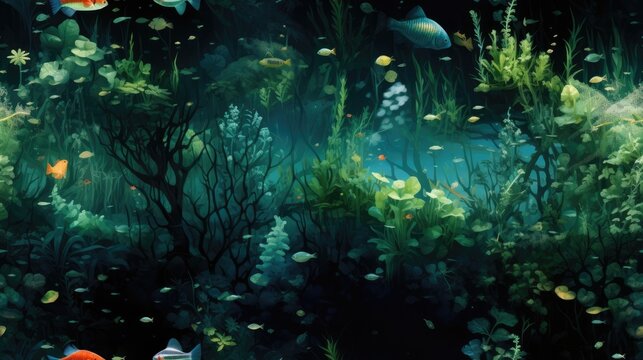  a painting of an underwater scene with corals, fish, and seaweed in the foreground and a dark background.  generative ai