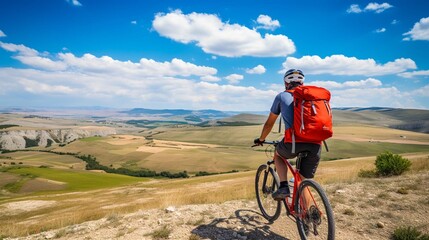 A cyclist with a red backpack on a background of blue sky. Wide angle. Beautiful landscape with hills and horizon. generative ai