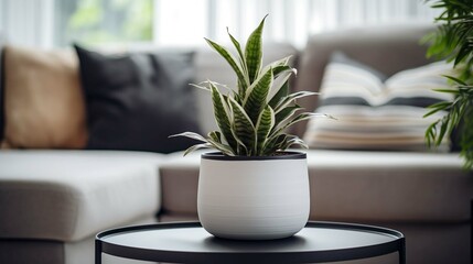 House decor inspiration. Table with stylish pot and plant on modern interior table 