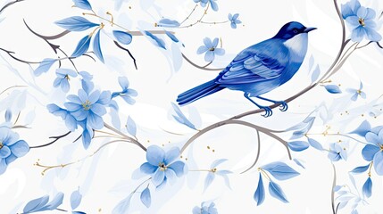  a blue bird is sitting on a branch of a tree with blue flowers and leaves on a light blue background.  generative ai